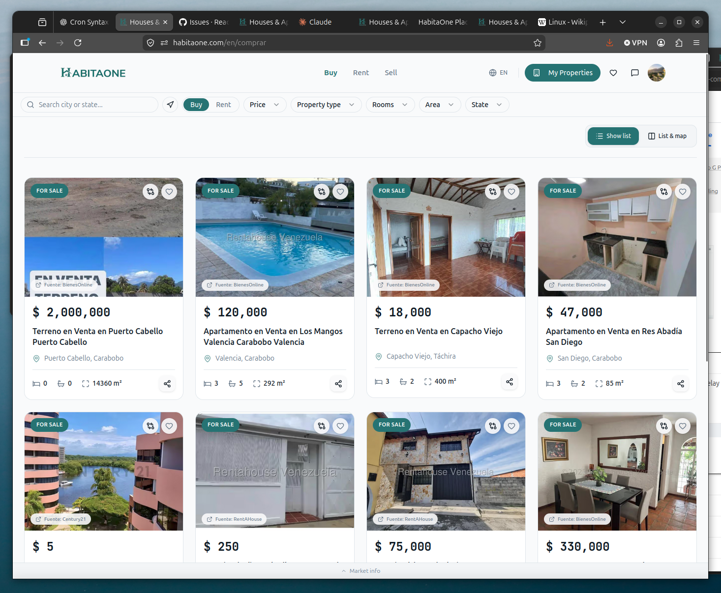 Website screenshot with navigation, property photographs, and small listing text
