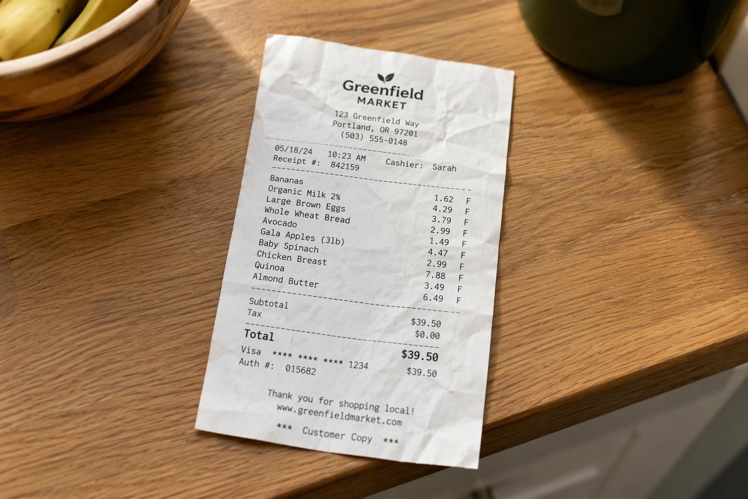 crumpled grocery store receipt