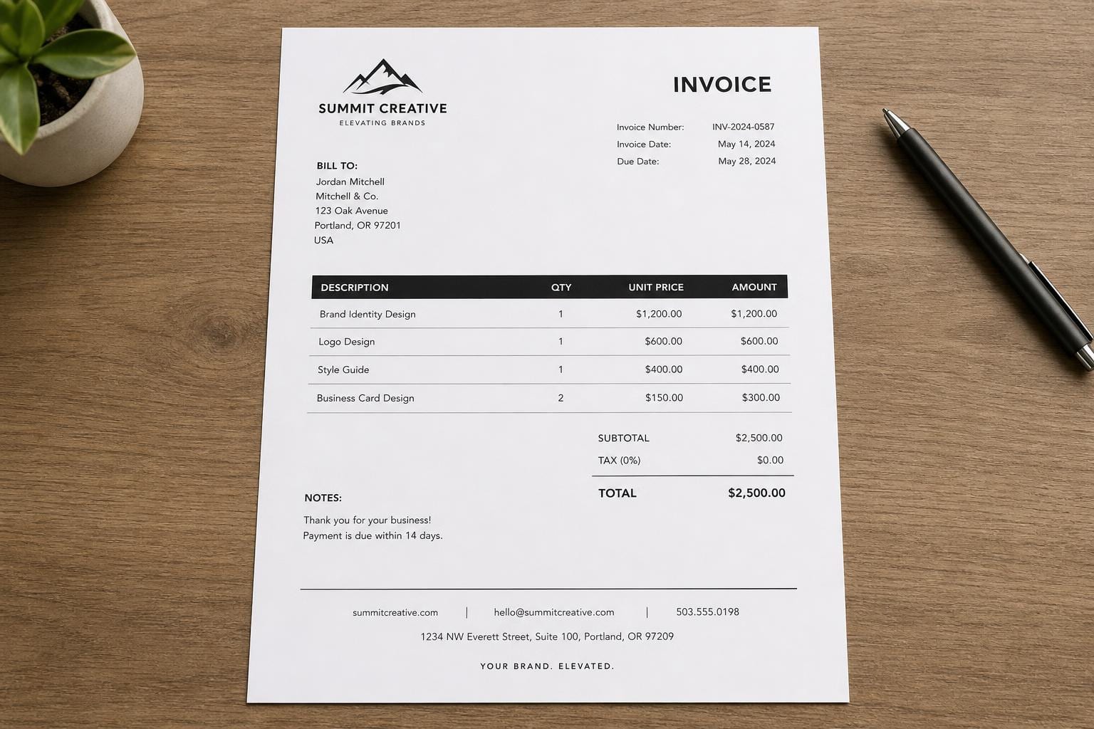 clean printed invoice document